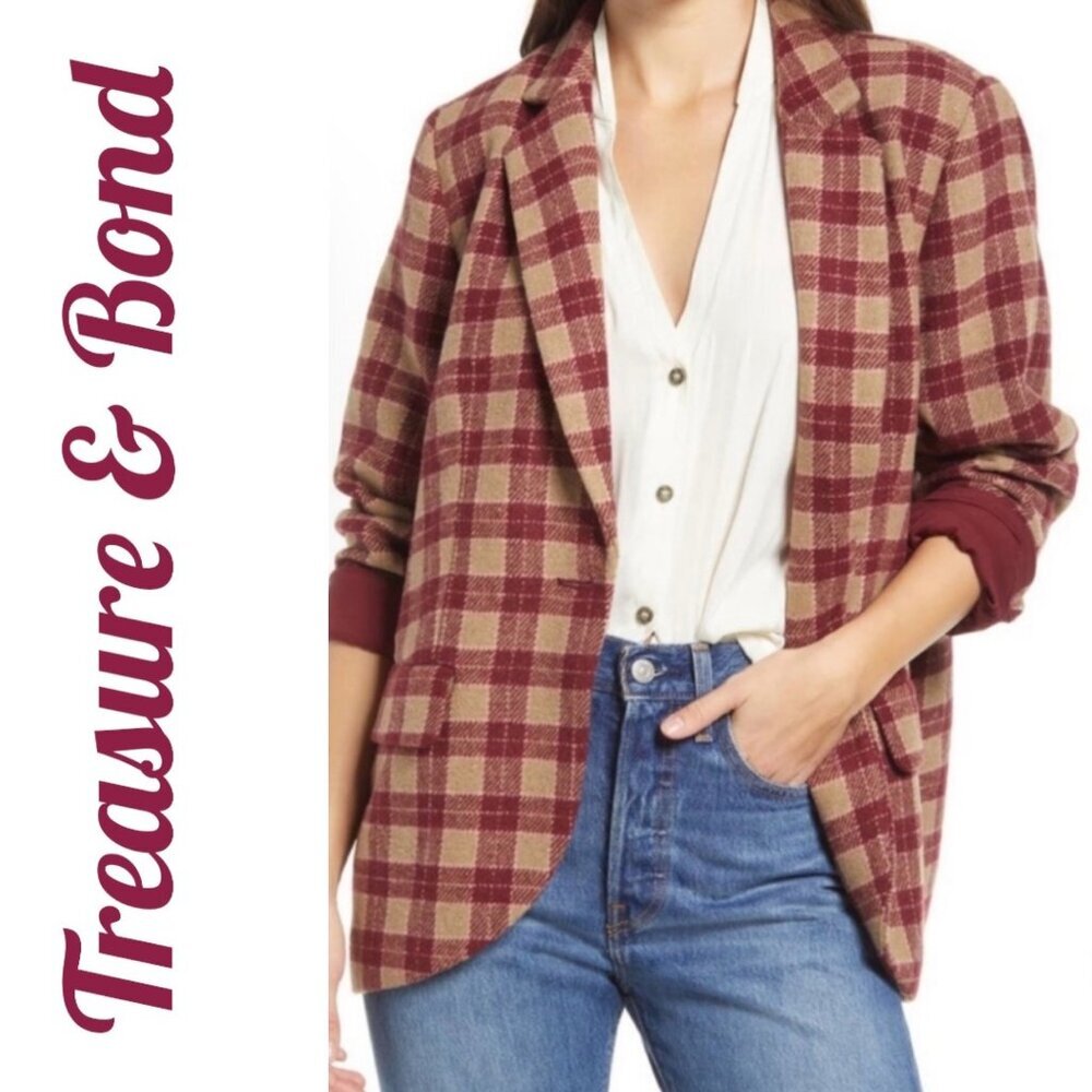 TREASURE & BOND PLAID‎ ACADEMIA BOYFRIEND BLAZER ONE BUTTON OVERSIZE, SIZE MED